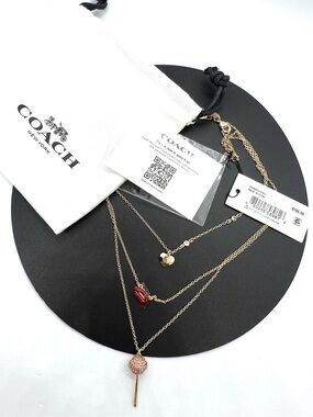 Coach Gold-Tone Layered Necklace with Red and Pink Charms